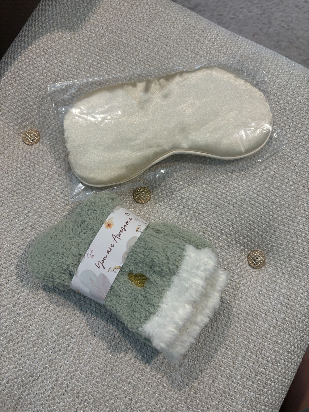 Cozy Sage Green Fuzzy Socks with Cream Sleep Mask